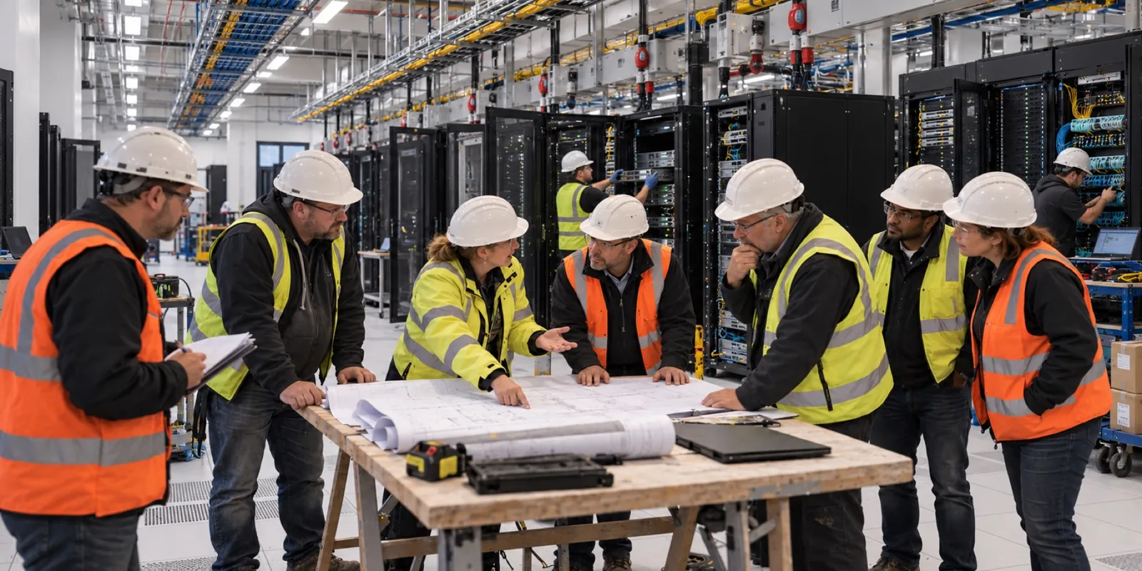 Project coordination during advanced data centre fit-out, with specialist technicians installing server equipment and network cabling behind the group