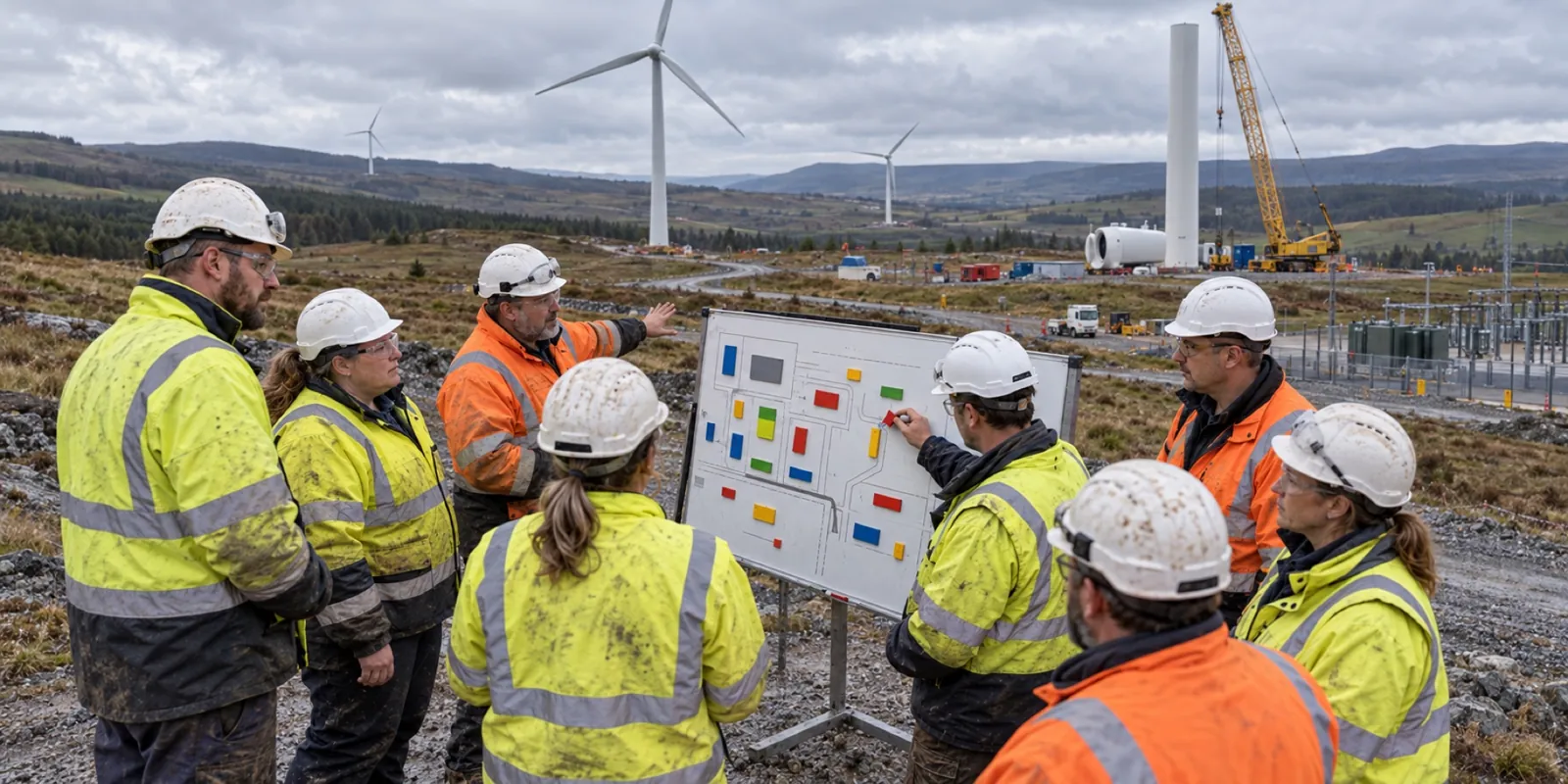 Project representatives coordinating access and work sequencing at an onshore wind farm under construction