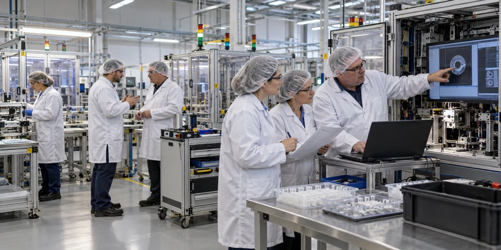 Supplier and site groups discussing a new medical-device manufacturing line before production start-up