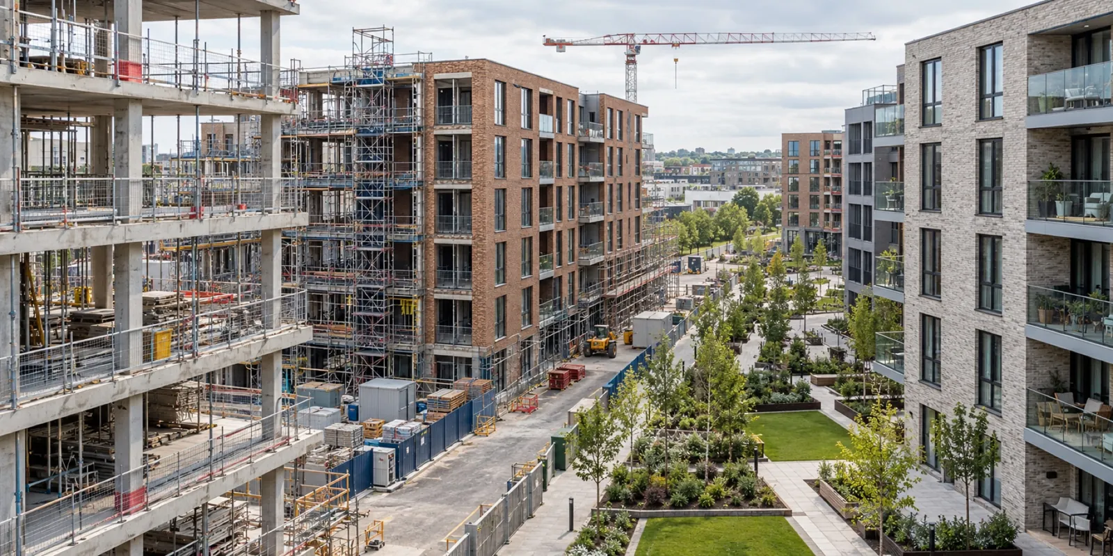 Illustrative elevated view of a property development with buildings under construction beside completed apartments and landscaped grounds
