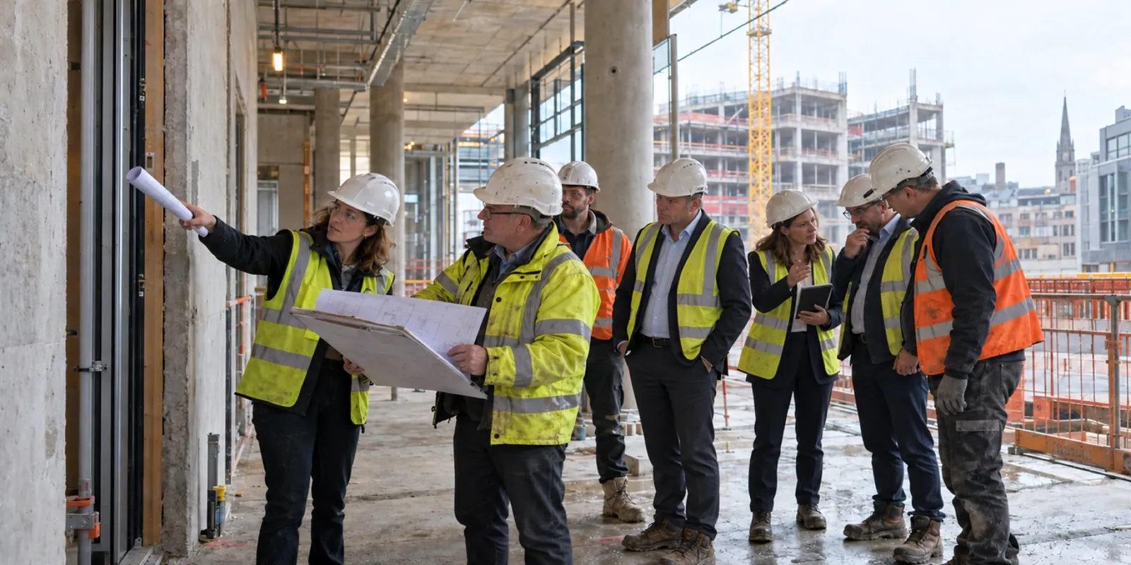 Project representatives working through a design and occupation-readiness decision during a walk-through of an unfinished property development